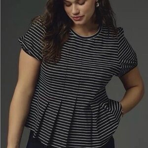 Anthropologie Maeve Black and White Striped Puffed Short Sleeve Peplum Top